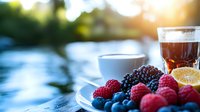 Fresh mixed berries with raspberries, blueberries and blackberries on white plate next to coffee cup and glass of juice in morning sunlight against blurred nature background.