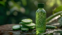 Fresh green smoothie in bottle with sliced cucumber on wet wooden surface against blurred natural background, healthy detox drink concept.