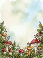 Watercolor forest floor with mushrooms, toadstools, ferns and foliage border on cream background. Isolated design element suitable for invitations, cards, posters and woodland-themed projects.