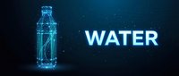 Digital water bottle with glowing blue wireframe design and bright text on dark background for technology and hydration concepts.