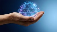 Hand holding a glowing digital globe with technology icons, representing global connectivity, innovation, and the future of internet communication.