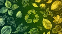 Green recycling symbol surrounded by fresh citrus fruits and botanical leaves in vintage engraving style on dark background. Eco-friendly concept for sustainable packaging.
