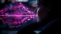 Young woman in profile view with glowing pink particle effect stream emerging from face against dark background, creating magical atmospheric mood.
