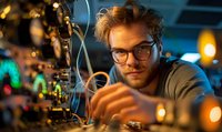 Young Caucasian male engineer with glasses working on electronic circuit board in dark laboratory with bokeh lights and moody atmosphere. Focus on technical precision.