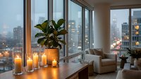 Cozy modern apartment living room with candles and plant overlooking city skyline at dusk. Urban home interior design with warm ambient lighting.