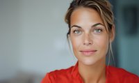 Young Caucasian woman with natural makeup wearing red top smiles confidently at camera. Blonde hair styled casually with loose strands, bright blue eyes and glowing skin in soft focus.