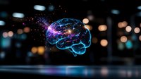 Glowing neon brain with colorful energy particles floating in dark space against blurred bokeh lights background, representing artificial intelligence and mind power.