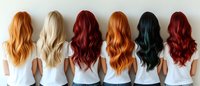 Women with different vibrant hair colors - blonde, red, burgundy and teal - standing in row showing long wavy hairstyles from behind, wearing white tops.