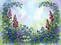 Watercolor floral frame with blue, red, purple, and white wildflowers on soft pastel background, leaving copy space in center.