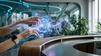 Hands interacting with holographic digital interface displaying futuristic technology in modern office environment for business innovation concepts.