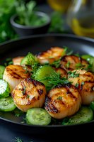 Grilled sea scallops served on fresh cucumber slices garnished with dill and herbs on black plate, close up view of gourmet seafood appetizer with charred marks.