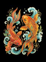 Two ornate koi fish with golden scales swim among teal waves and florals, isolated on transparent background, ready for t-shirts, stickers, and print on demand.