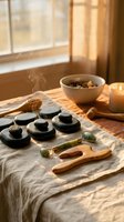 Spa wellness setup with gua sha tools, massage stones, herbal bowl and candle in warm sunlight for relaxation and self-care rituals at home.