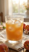 Refreshing peach iced drink in a glass with ice cubes on a rustic wooden table, surrounded by fresh peaches and spring blossoms in warm sunlight.