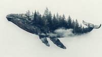 Double exposure silhouette of humpback whale combines misty pine forest landscape, creating surreal nature artwork in monochrome style. Perfect for environmental themes.
