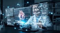 Male doctor analyzing holographic medical data displays with heart visualization and digital charts in futuristic healthcare technology interface.