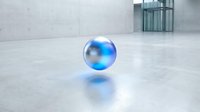 Glowing blue sphere resting on polished concrete floor in modern minimalist interior space with glass structure background.