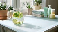Refreshing cucumber and mint infused water in glass pitcher on white bathroom counter with spa products and potted plants, perfect for wellness, hydration, and home decor designs.