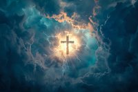Glowing cross in dramatic stormy sky with lightning bolts and sunlight breaking through dark turquoise clouds, spiritual and religious concept background.