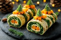 Festive spinach and carrot roll-ups garnished with miniature evergreen trees, served on dark slate with warm bokeh lights for holiday entertaining.