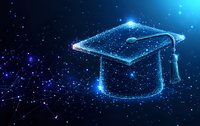 Glowing graduation cap made of connected dots and lines against dark starry background, symbolizing digital education and academic achievement in modern era.