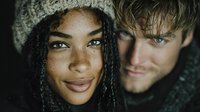 Young interracial couple in winter clothing sharing intimate moment with warm lighting and cozy atmosphere for lifestyle and relationship content.