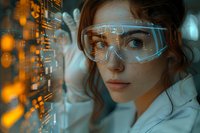 Young Asian female scientist in protective eyewear analyzing holographic data display in modern laboratory environment with orange glowing interface elements.