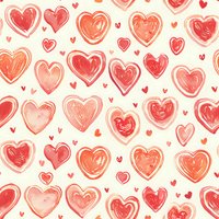 Romantic seamless pattern with hand drawn watercolor hearts in coral and pink shades on white background, perfect for Valentine's Day designs, wedding stationery, and love-themed projects.