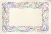 Watercolor ornamental frame with flowing swirls and leaves in pastel colors on textured paper background for invitations and decorative designs.