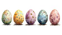 Watercolor Easter eggs in pastel colors with gold speckles and dots arranged in row on white background. Decorative spring holiday illustration.