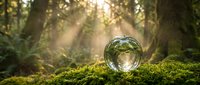 Crystal sphere resting on moss-covered log in enchanted forest with golden sunlight streaming through trees creating magical atmosphere.