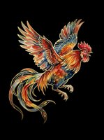 Vibrant rooster with flowing tail feathers in red, gold, and blue tones, isolated on transparent background. Ready for t-shirts, clipart, stickers, and print-on-demand designs.