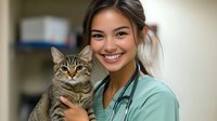 Young Asian female veterinarian in scrubs holding and examining a gray tabby cat while smiling warmly in veterinary clinic setting, showcasing professional pet healthcare.