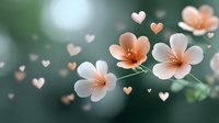 Delicate pink flowers with heart-shaped petals floating on soft green background with romantic heart symbols for love and nature themed designs.