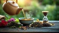 Traditional tea ceremony with clay teapot pouring into bowl, surrounded by loose tea leaves, herbs, and flowers in garden setting.