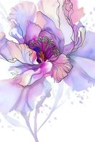 Delicate watercolor flower in purple and pink hues with flowing petals and organic lines creates dreamy botanical art suitable for wall decor and textile design.