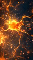Glowing orange neuron with electrical synapses on dark background, illuminated nerve cell with dendrites and axons creating dynamic neural network pattern.