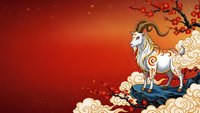 Chinese zodiac goat ram with traditional clouds and plum blossoms on red gradient background for lunar new year celebrations and oriental festival designs.