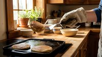 Caucasian man cooking golden pancakes on a griddle in a rustic wooden kitchen, wearing oven mitts, flipping breakfast food.