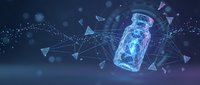 Glowing polygonal medicine bottle floating in digital blue space with connected dots and triangles, futuristic healthcare and pharma technology concept.