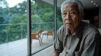 Elderly Asian man sitting alone by glass window in retirement home, contemplative expression, wearing casual shirt, blurred balcony and forest background.