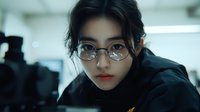 Young Asian woman wearing round glasses and black hoodie gazes intensely at camera in moody cinematic lighting, creating dramatic portrait with teal color grading.