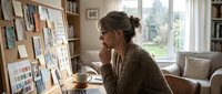 Woman in casual sweater working at desk with mood board, planning creative project in home office with bookshelves and natural light from window.