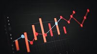 Financial market candlestick chart with red and blue bars showing trading data analysis on dark background, stock price movement visualization.