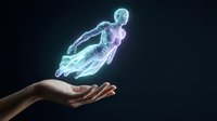 Glowing holographic human figure levitating above an open hand against dark background, representing digital wellness, healthcare technology, and futuristic medical innovation.