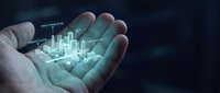 Young adult male hand holding glowing holographic cityscape with digital skyscrapers and data visualization for technology, innovation, and smart city concepts.