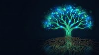 Glowing digital tree with luminous blue and green branches on dark background, symbolizing growth, technology, and innovation in modern design.
