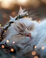 White cat sleeping peacefully with Christmas decorations and twinkling lights creating a cozy holiday atmosphere.