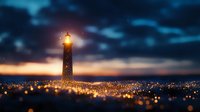 Magical lighthouse silhouette against dramatic night sky with glowing light beam and scattered golden bokeh lights creating dreamy coastal atmosphere.