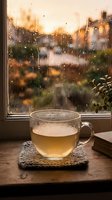 Glass tea cup on wooden windowsill during rainy day with warm sunset light streaming through water droplets on window creating cozy atmospheric mood.
